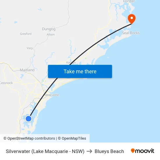 Silverwater (Lake Macquarie - NSW) to Blueys Beach map