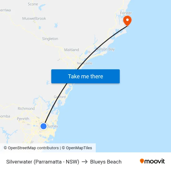 Silverwater (Parramatta - NSW) to Blueys Beach map