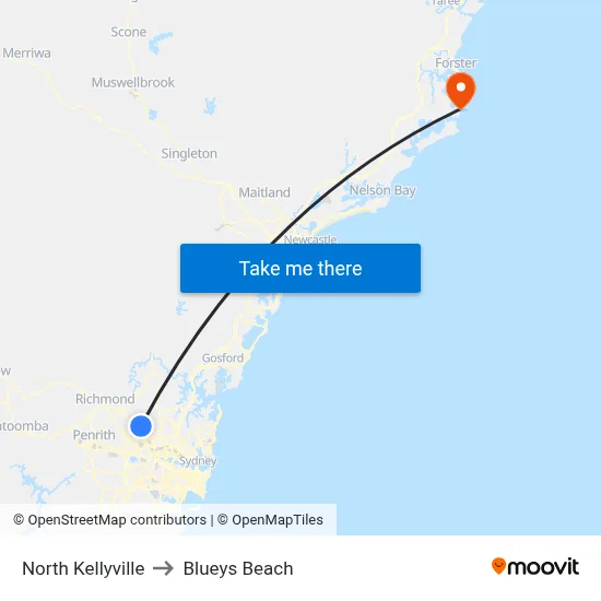 North Kellyville to Blueys Beach map