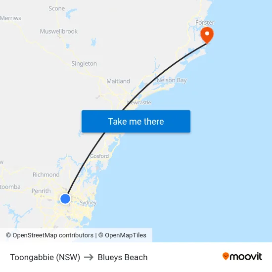 Toongabbie (NSW) to Blueys Beach map