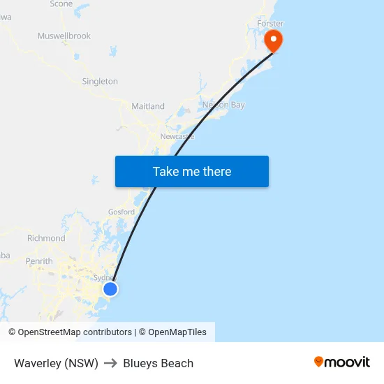Waverley (NSW) to Blueys Beach map