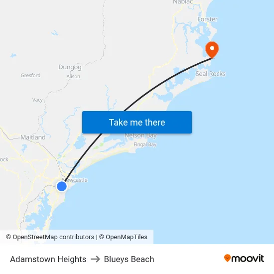 Adamstown Heights to Blueys Beach map