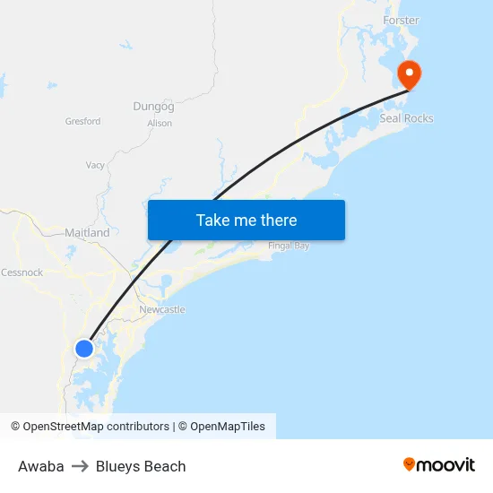 Awaba to Blueys Beach map