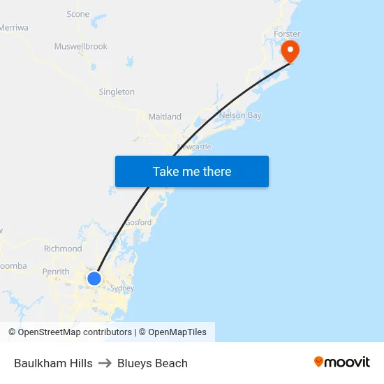 Baulkham Hills to Blueys Beach map