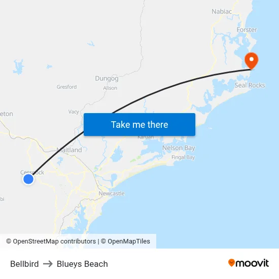 Bellbird to Blueys Beach map