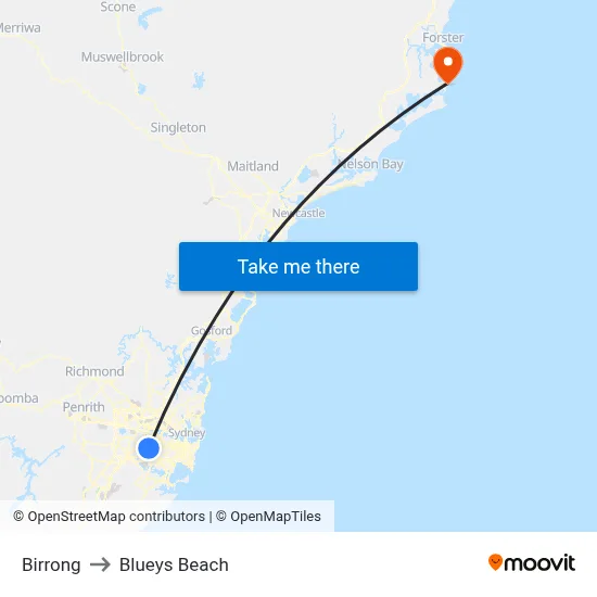 Birrong to Blueys Beach map