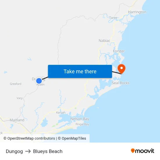 Dungog to Blueys Beach map