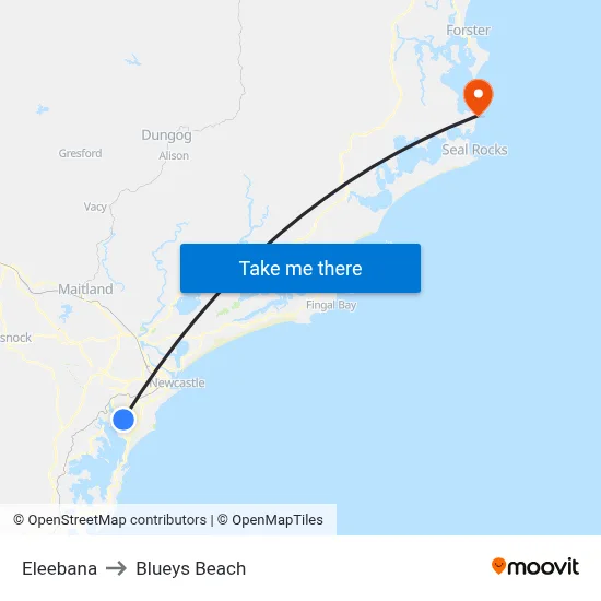 Eleebana to Blueys Beach map