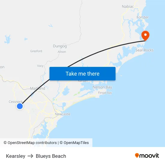 Kearsley to Blueys Beach map