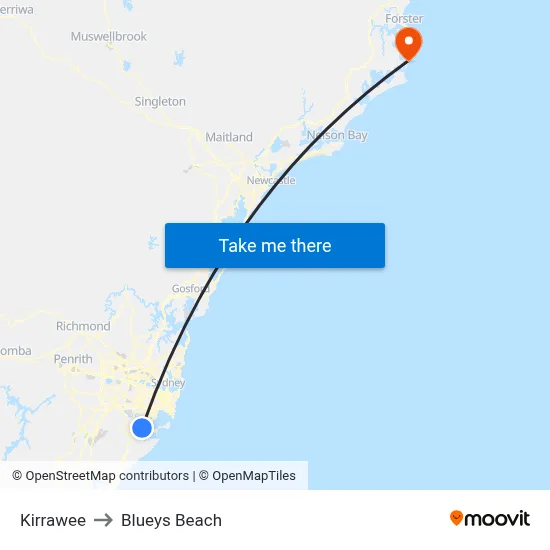 Kirrawee to Blueys Beach map