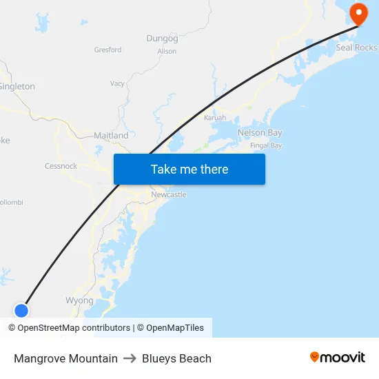 Mangrove Mountain to Blueys Beach map