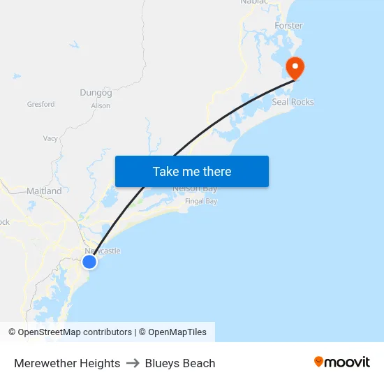 Merewether Heights to Blueys Beach map