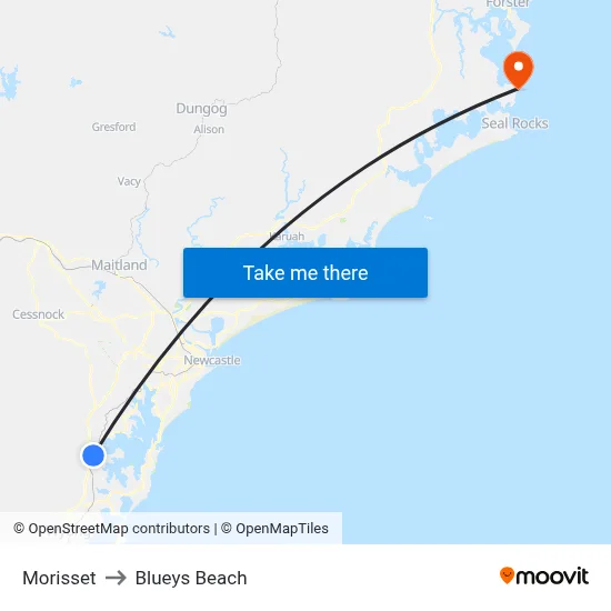 Morisset to Blueys Beach map