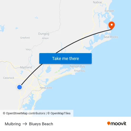 Mulbring to Blueys Beach map