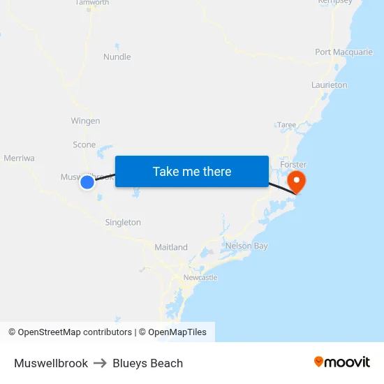 Muswellbrook to Blueys Beach map
