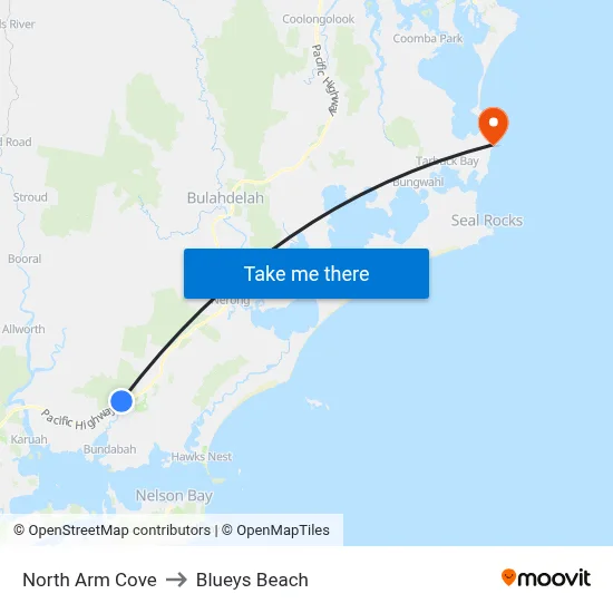 North Arm Cove to Blueys Beach map