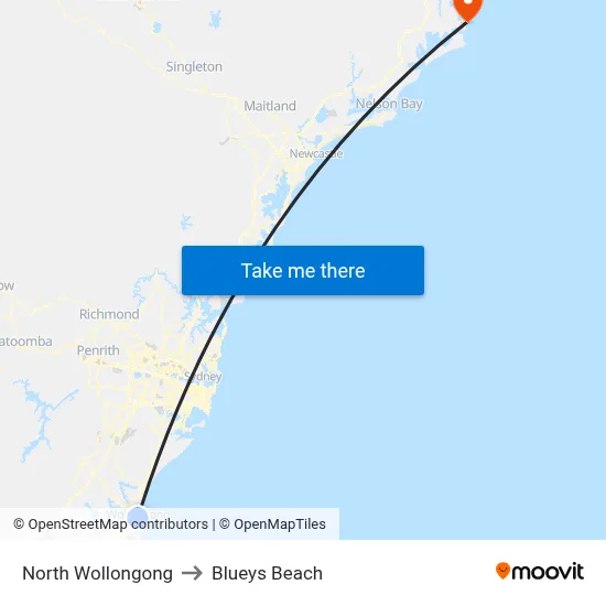 North Wollongong to Blueys Beach map