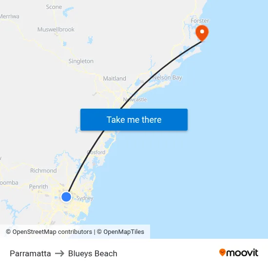 Parramatta to Blueys Beach map