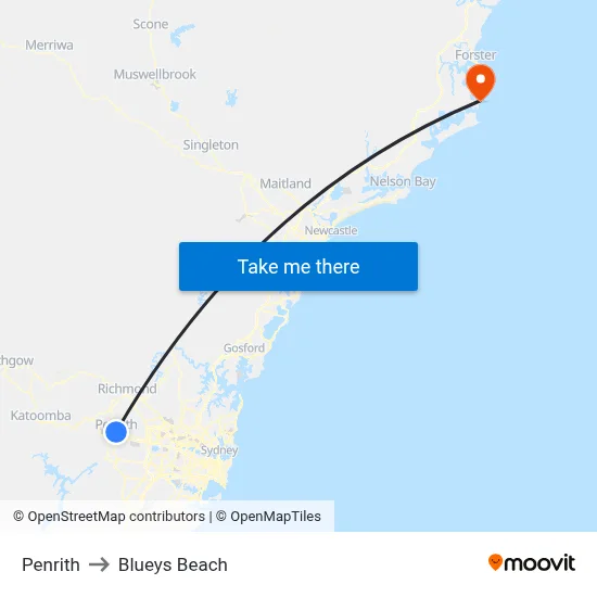 Penrith to Blueys Beach map