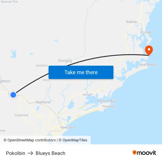 Pokolbin to Blueys Beach map
