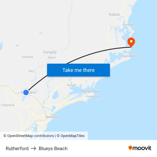 Rutherford to Blueys Beach map