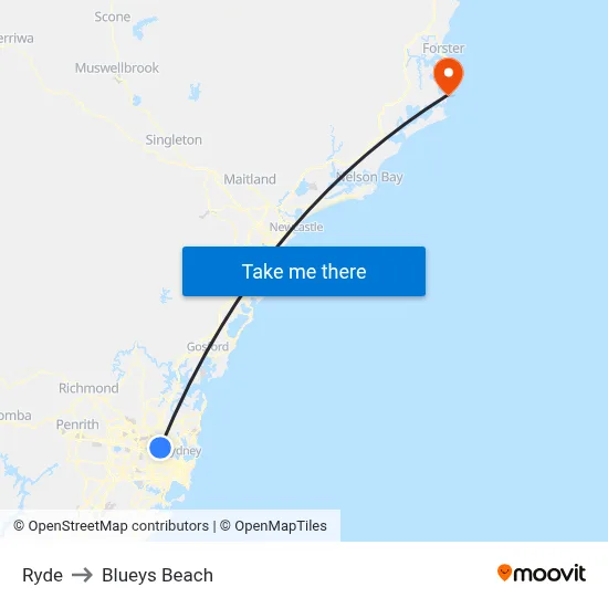 Ryde to Blueys Beach map