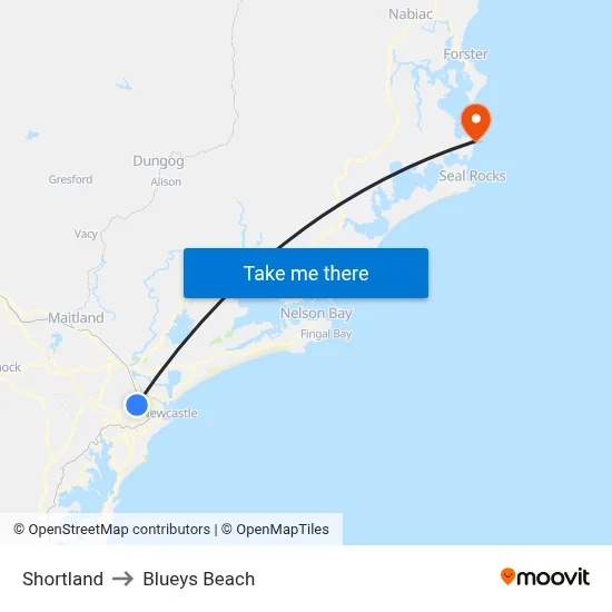 Shortland to Blueys Beach map