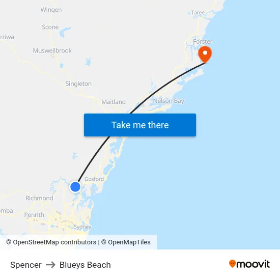 Spencer to Blueys Beach map