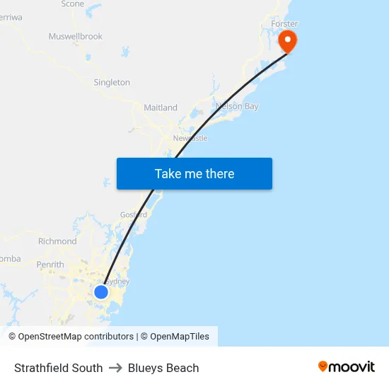 Strathfield South to Blueys Beach map