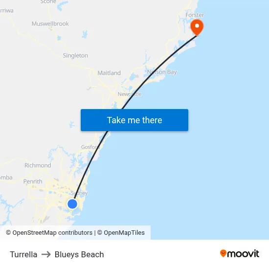 Turrella to Blueys Beach map