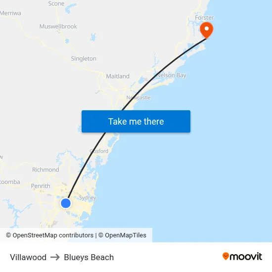 Villawood to Blueys Beach map