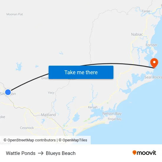 Wattle Ponds to Blueys Beach map