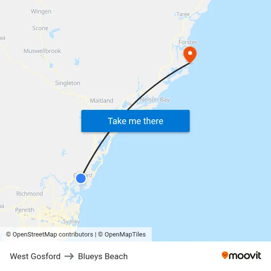 West Gosford to Blueys Beach map