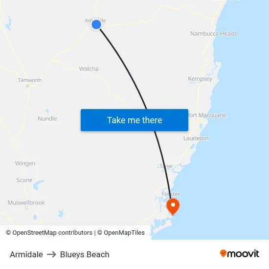 Armidale to Blueys Beach map