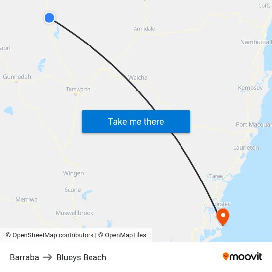 Barraba to Blueys Beach map