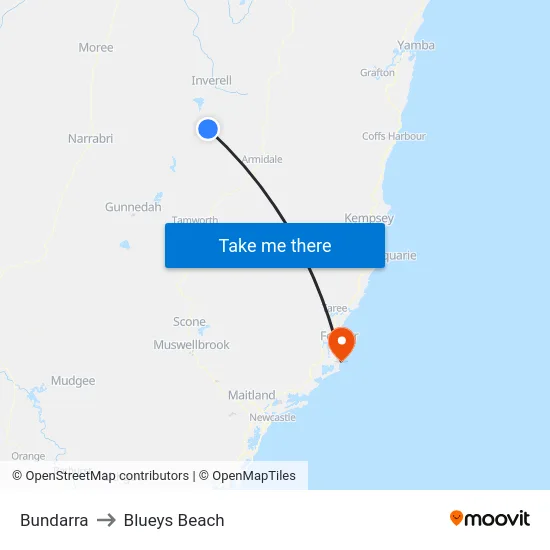 Bundarra to Blueys Beach map