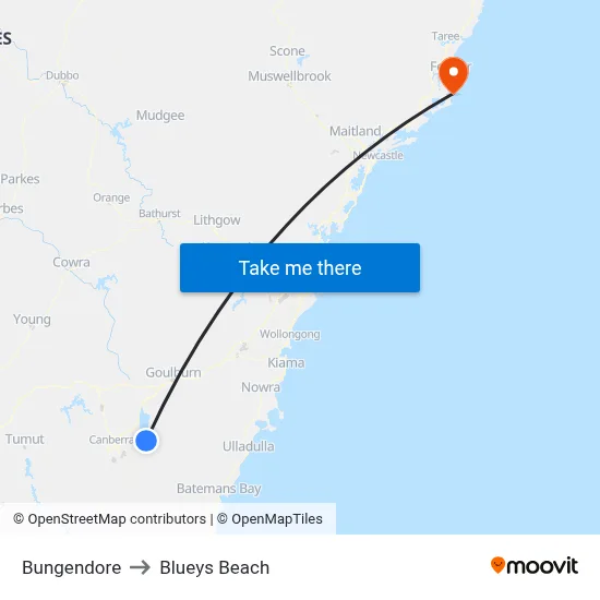 Bungendore to Blueys Beach map