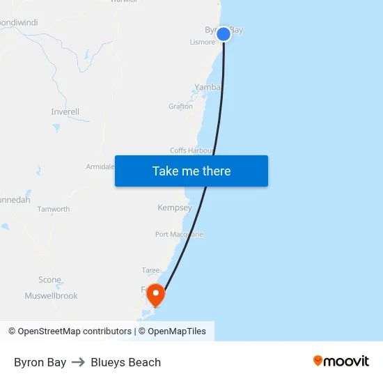 Byron Bay to Blueys Beach map