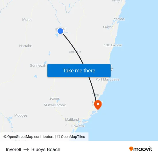Inverell to Blueys Beach map