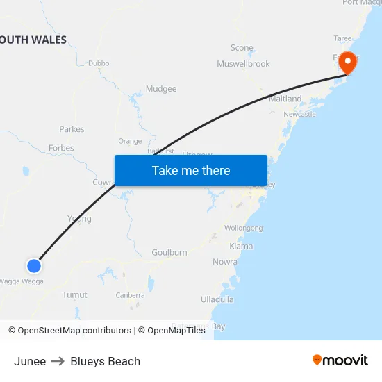 Junee to Blueys Beach map