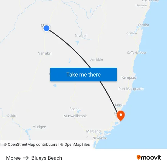 Moree to Blueys Beach map