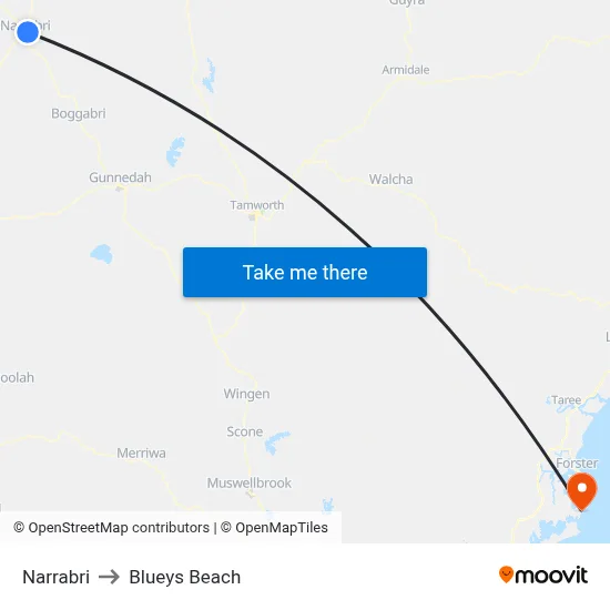 Narrabri to Blueys Beach map