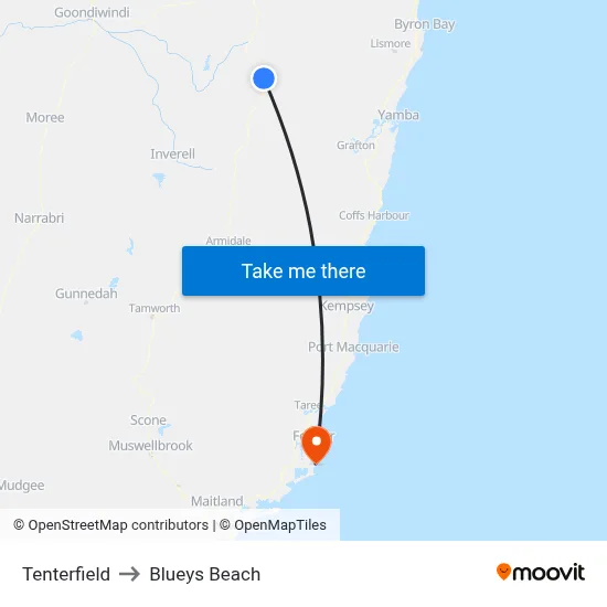 Tenterfield to Blueys Beach map