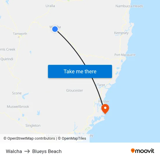Walcha to Blueys Beach map