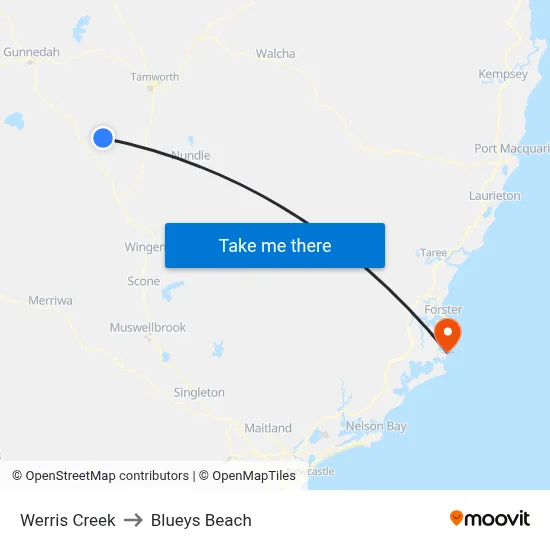 Werris Creek to Blueys Beach map