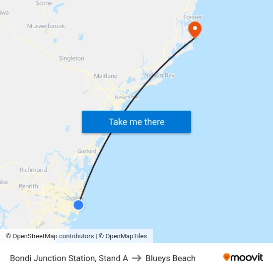 Bondi Junction Station, Stand A to Blueys Beach map