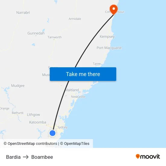Bardia to Boambee map