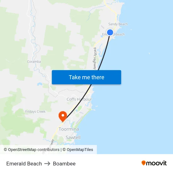 Emerald Beach to Boambee map