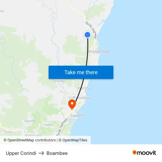 Upper Corindi to Boambee map
