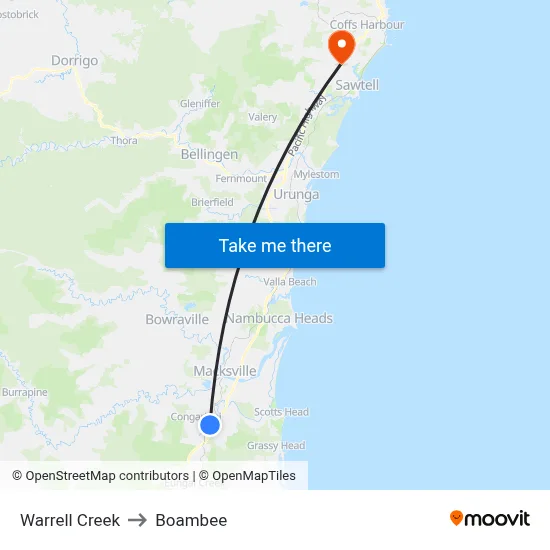 Warrell Creek to Boambee map